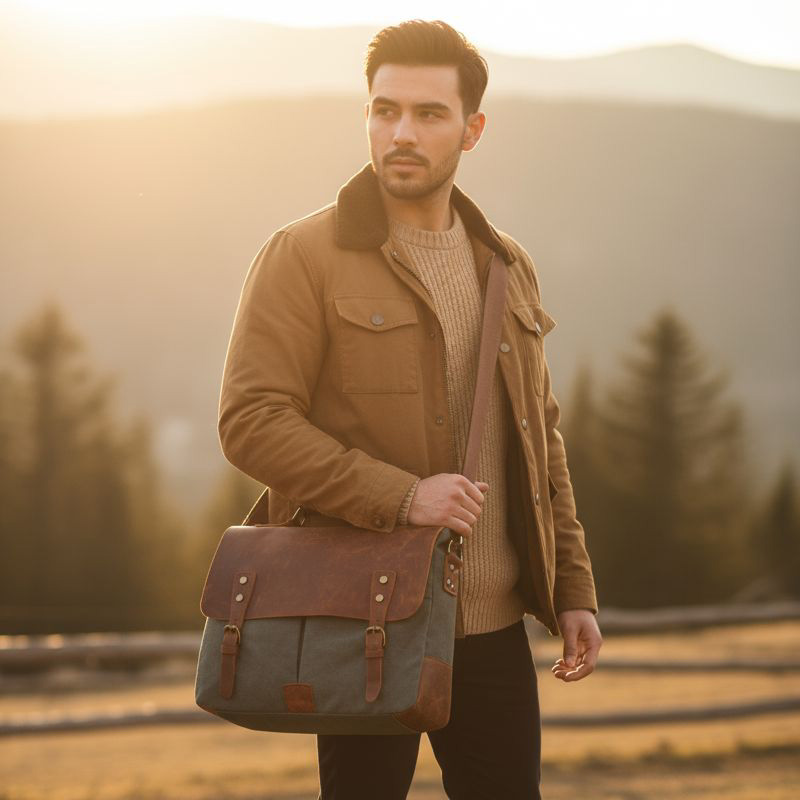 pánska taška na notebook do práce z pravej kože a plátna